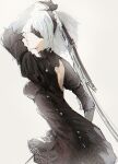  1girl arms_up back back_cutout black_blindfold black_dress black_hairband blindfold breasts cleavage_cutout closed_mouth clothing_cutout dress feather-trimmed_sleeves hairband holding holding_weapon juliet_sleeves long_sleeves medium_breasts nier_(series) nier_automata puffy_sleeves short_hair signature solo sword user_xegv5858 weapon white_hair yorha_no._2_type_b 