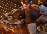  3d_(artwork) areola bell belly big_breasts blizzard_entertainment bodily_fluids breasts brown_body cleavage clothed clothing cookie dark_areola dark_nipples digital_media_(artwork) female food huge_breasts huge_nipples lactating looking_at_viewer machine milk montgomery_glands offering_food omnic orisa_(overwatch) overwatch reindeer_orisa_(overwatch) robot snips456fur solo thick_nipples 