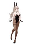  1girl absurdres animal_ears aotsuba bangs black_footwear black_gloves black_leotard black_ribbon breasts cleavage commentary_request commission corrin_(female)_(fire_emblem) corrin_(fire_emblem) detached_collar fake_animal_ears fire_emblem fire_emblem_fates gloves grey_hair high_heels highres large_breasts leotard long_hair looking_at_viewer pantyhose playboy_bunny pointy_ears rabbit_ears red_eyes ribbon shoes simple_background skeb_commission solo standing standing_on_one_leg strapless strapless_leotard thighband_pantyhose white_background 