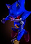  black_background black_sclera blue_skin claws clenched_hand colored_sclera colored_skin commentary english_commentary hedgehog_ears highres joints looking_at_viewer metal_sonic misuta710 no_humans no_mouth pointy_nose red_eyes red_footwear robot robot_joints simple_background solo sonic_(series) 