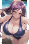  1girl artist_name blush breasts bursting_breasts cameltoe cilica cleavage collarbone cowboy_shot green_eyes groin holding holding_hair huge_breasts lips love_live! love_live!_school_idol_project one-piece_swimsuit pillarboxed pool purple_hair school_swimsuit skindentation smile solo swimsuit tiles toujou_nozomi twintails water wet 