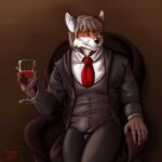  anthro canid canine chair clothed clothing fox fully_clothed furniture hermesdidit hi_res holding_object holding_wine_glass looking_away male mammal necktie on_chair painting_(artwork) sitting sitting_on_chair solo suit traditional_media_(artwork) 