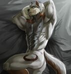  abs anthro arcori arm_tuft bed bed_sheet bedding bedroom_eyes biceps big_biceps big_muscles big_pecs black_nipples black_nose blanket brown_body brown_fur butt canid canine canis chest_tuft deltoids digital_drawing_(artwork) digital_media_(artwork) elbow_tuft fingers fur fur_markings furniture green_eyes grey_body grey_fur grey_hair hair half-closed_eyes hands_behind_head head_on_pillow hi_res looking_at_viewer lying male mammal markings muscular muscular_anthro muscular_butt muscular_male muscular_thighs narrowed_eyes neck_muscles nightarm nipples nude obliques pecs phone pillow portrait seductive serratus simple_background smile smiling_at_viewer smirk solo solo_focus tan_body tan_fur three-quarter_portrait triceps tuft v-cut wolf 