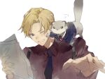  1boy angry animal animal_on_shoulder bangs black_necktie blonde_hair blue_eyes clenched_teeth clothed_animal collared_shirt ferret highres hiyamaru holding holding_paper holostars kishido_temma male_focus mstarsgasuki necktie official_alternate_costume one_eye_closed paper parted_bangs red_shirt shirt short_hair simple_background solo suspenders sweatdrop teeth upper_body virtual_youtuber white_background 