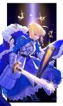  1girl ahoge armor armored_dress artoria_pendragon_(fate) avalon_(fate/stay_night) bangs blonde_hair blue_dress border braid breastplate commentary_request dress excalibur_(fate/stay_night) fate/stay_night fate_(series) french_braid gauntlets green_eyes hair_bun hal_(haaaalhal) highres holding holding_sword holding_weapon juliet_sleeves long_sleeves outside_border puffy_sleeves saber scabbard sheath short_hair signature single_hair_bun smile solo sword weapon white_border 