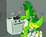 ambiguous_gender anonymous_artist anthro cooking ddsn egg egg_from_cloaca fried_egg gecko hi_res horn lizard nonbinary_(lore) oviposition pregnant reptile scalie solo unicorn_horn xanthias_akrid 