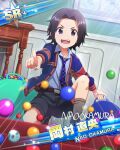  1boy black_hair bucket buttons card_(medium) character_name collared_shirt idolmaster idolmaster_side-m long_sleeves male_child male_focus marble_(toy) necktie official_art okamura_nao open_mouth pointing purple_eyes shirt socks teeth third-party_source 