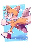  1boy :d blue_eyes blush fox_boy furry furry_male gloves highres looking_at_viewer male_focus misuta710 multiple_tails open_mouth running shoes smile solo sonic_(series) tail tails_(sonic) two_tails white_gloves 
