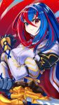  1girl absurdres alear_(female)_(fire_emblem) alear_(fire_emblem) armor bangs blue_eyes blue_hair blush breasts clenched_hand crossed_bangs fire_emblem fire_emblem_engage gloves heterochromia highres holding holding_sword holding_weapon jewelry liberation_(fire_emblem) long_hair looking_at_viewer medium_breasts multicolored_hair red_eyes red_hair rooru_kyaabetsu smile solo split-color_hair sword tiara two-tone_hair very_long_hair weapon 