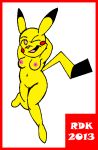  anthro biped breasts digital_drawing_(artwork) digital_media_(artwork) female generation_1_pokemon genitals hands_behind_head mammal nintendo nipples nude one_eye_closed open_mouth pikachu pokemon pokemon_(species) pussy reddragonkan rodent solo wink yellow_body 