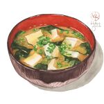  artist_name bowl english_commentary food food_focus highres kailene miso_soup mixed-language_commentary original seaweed simple_background soup still_life tofu white_background 