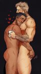  2boys arm_tattoo ass bara black_hair blonde_hair blush call_of_duty call_of_duty:_modern_warfare_2 closed_eyes closed_mouth completely_nude cup ellen_chain facial_hair ghost_(modern_warfare_2) hand_on_another&#039;s_ass heart highres holding holding_cup hug large_pectorals multiple_boys muscular muscular_male nipples nude pectorals short_hair sidecut smile soap_(modern_warfare_2) tattoo yaoi 