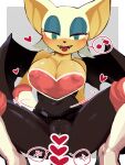  1girl :d bare_shoulders bat_wings black_bodysuit bodysuit boots breasts cameltoe censored cleavage elbow_gloves fangs furry furry_female gloves heart heart_censor hetero large_breasts mosaic_censoring open_mouth penis rouge_the_bat smile solo_focus sonic_(series) thigh_boots ura_menu white_gloves wings 
