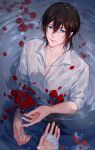 1boy bai_liu bishounen blue_eyes flower highres i_became_a_god_in_a_horror_game looking_at_another partially_underwater_shot pov pov_hands red_flower red_rose rose shirt weibo_5639449057 wet wet_clothes white_shirt 