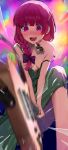  1girl absurdres alcohol alcohol_carton armpit_crease bangs bare_shoulders bass_guitar blunt_bangs blurry blush bocchi_the_rock! bokeh braid breaking breasts carton depth_of_field dress drunk earrings feet_out_of_frame green_dress hair_over_shoulder highres hiroi_kikuri holding holding_instrument instrument jewelry long_hair nail_polish open_mouth purple_eyes purple_hair sake sharp_teeth sleeveless sleeveless_dress small_breasts smile solo spaghetti_strap strap_slip stud_earrings sweat teeth tsuneta328 v-shaped_eyebrows 