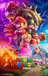  1girl 6+boys blonde_hair bowser castle copyright_name donkey_kong facial_hair flexing goomba highres kamek koopa_paratroopa koopa_troopa logo looking_at_viewer luigi mario mario_(series) movie_poster multiple_boys mustache official_art overalls princess_peach smile spiked_shell the_super_mario_bros._movie thick_eyebrows toad_(mario) wand wings 