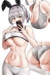  1girl absurdres animal_ears ass blush breasts cellphone clothes_pull clothes_writing fake_animal_ears green_eyes grey_hair hanging_breasts highres holding holding_phone hololive kuse_(0201) large_breasts multiple_views navel nike pants pants_pull phone rabbit_ears selfie shirogane_noel short_ponytail smartphone sports_bra stomach sweat underboob virtual_youtuber white_pants yoga_pants 