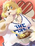  &lt;3 2023 amidasuke anthro candy canid canine canis chocolate clothing dessert domestic_dog food hi_res hisaki_(live_a_hero) humanoid_hands kemono lifewonders live_a_hero male mammal one_eye_closed overweight overweight_male shirt solo topwear wink 