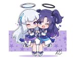  2girls ;) ;d bangs blue_archive blue_sailor_collar blush chibi closed_mouth colored_shadow commentary english_commentary grey_hair halo highres kurotofu long_hair multiple_girls noa_(blue_archive) one_eye_closed parted_bangs pleated_skirt purple_background purple_eyes purple_hair sailor_collar shadow shirt shoes signature skirt smile standing standing_on_one_leg starry_background two-tone_background two_side_up very_long_hair white_background white_footwear white_shirt yuuka_(blue_archive) 