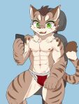  abs anthro cellphone clothed clothing felid feline hi_res leopard_cat male mammal muscular muscular_male nekojishi nyuru pecs phone prionailurus shu-chi solo studio_klondike topless 