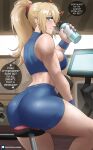 1girl absurdres ass bare_shoulders blonde_hair blue_eyes blue_nails blue_shorts blue_tank_top blush bottle breasts commentary echo_saber english_commentary english_text gym heart highres holding holding_bottle large_breasts long_hair looking_at_viewer metroid midriff nail_polish paid_reward_available ponytail samus_aran short_shorts shorts sitting solo speech_bubble sportswear sweat tank_top wristband 