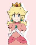  1girl bangs blonde_hair blue_eyes brooch chocomiru crown dress earrings gloves jewelry long_dress long_hair mario_(series) non-web_source pink_dress princess_peach solo white_gloves 