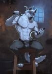  absurd_res animal_genitalia anthro balls belt bottomwear bulge canid canine canis claws clothed clothing death_(puss_in_boots) dreamworks fur genitals hi_res holding_object holding_weapon inside male mammal muscular muscular_anthro muscular_male on_stool open_bottomwear open_clothing open_pants pants pants_only penis penis_tip puss_in_boots_(film) puss_in_boots_the_last_wish red_eyes satanic_monkey sheath shirtless sickle sitting solo tavern weapon white_body white_fur wolf 