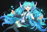  1girl appleruby aqua_eyes aqua_hair artist_request blue_star_(song) copyright_request detached_sleeves grey_shirt happy hatsune_miku highres necktie open_mouth shirt sitting skirt sleeveless sleeveless_shirt solo twintails vocaloid zettai_ryouiki 