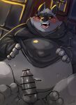  2023 anthro balls belly big_belly blush canid canine canis death_(puss_in_boots) dreamworks erection genitals hi_res kemono kurobosi_48 male mammal navel overweight overweight_male penis puss_in_boots_(film) puss_in_boots_the_last_wish sitting solo wolf 
