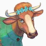  1:1 blaze_(marking) blue_eyes bovid bovid_horn bovine brown_body brown_fur brown_hair bust_portrait cattle clothed clothed_feral clothing digital_media_(artwork) digital_painting_(artwork) facial_markings female feral floral_headwear flower fur green_clothing hair head_markings hereford_cattle horn looking_at_viewer madison_(tfh) mammal markings plant portrait realistic simple_background solo them&#039;s_fightin&#039;_herds unknown_artist white_background 