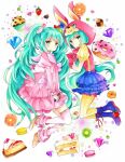  2girls animal_hood aqua_eyes aqua_hair artist_request blush cake collared_shirt commentary_request cupcake diamond_(gemstone) dress dual_persona food frilled_dress frilled_skirt frilled_sleeves frills fruit gloves hatsune_miku heart hood hoodie long_hair long_sleeves looking_at_viewer lots_of_laugh_(vocaloid) muffin multiple_girls non-web_source open_mouth orange_(fruit) rabbit_hood red_gloves red_ribbon ribbon shirt short_sleeves skirt twintails very_long_hair vocaloid 