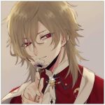  1boy blonde_hair border cassock cloak closed_mouth collar_x_malice flower grey_background hokka_hokka looking_at_viewer male_focus mikuni_rei red_cloak red_eyes smelling_flower smile solo white_border white_flower 