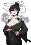  1girl bare_shoulders black_eyes black_hair black_kimono blush breasts cleavage cowboy_shot hair_bun hair_ornament hair_stick highres holding holding_sword holding_weapon japanese_clothes kimono large_breasts library_of_ruina looking_at_viewer medium_hair mole mole_on_breast off_shoulder open_mouth project_moon sayo_(library_of_ruina) shoulder_tattoo single_sidelock solo sword tattoo two-tone_background weapon wide_sleeves yaritoo 