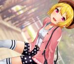  1girl :d bag bangs beret blonde_hair blurry blurry_background blush braid breasts brown_headwear cardigan crown_braid dutch_angle hair_between_eyes hanamasa_ono handbag hat highres ibuki_tsubasa idolmaster idolmaster_million_live! idolmaster_million_live!_theater_days jewelry light_particles looking_at_viewer necklace open_mouth outdoors pink_cardigan pink_eyes polka_dot polka_dot_shorts shirt short_hair shorts small_breasts smile thighhighs white_shirt white_thighhighs 