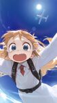  1girl absurdres aircraft airplane blonde_hair blue_sky cloud crying day falling highres labcoat logknn long_hair midair necktie nichijou outstretched_arms parachute professor_shinonome sky skydive spread_arms streaming_tears sun teardrop tearing_up tears 