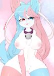  anthro areola awintermoose bell bell_collar big_breasts breasts butt clothing collar eeveelution female generation_6_pokemon genitals hi_res legwear looking_at_viewer nintendo nipples pokemon pokemon_(species) pokemorph pussy solo sylveon tongue tongue_out white_body 