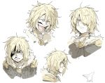  1boy blonde_hair fate/grand_order fate_(series) grey_eyes kankan33333 laughing messy_hair open_mouth portrait simple_background tezcatlipoca_(fate) white_background 