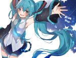  1girl aqua_eyes aqua_hair blue_star_(song) copyright_request detached_sleeves grey_shirt happy hatsune_miku heremia highres necktie shirt skirt sleeveless sleeveless_shirt solo song_name twintails vocaloid zettai_ryouiki 