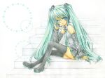  1girl aqua_eyes aqua_hair copyright_request detached_sleeves grey_shirt happy hatsune_miku necktie non-web_source shirt sitting sitting_on_stairs skirt sleeveless sleeveless_shirt solo source_request stairs twintails ueno_tsuki vocaloid zettai_ryouiki 