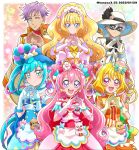  2boys 4girls :d apron back_bow bangs big_hair black_bow black_pepper_(precure) blonde_hair blue_bow blue_dress blue_eyes blue_gloves blue_hair blunt_bangs bob_cut bow bridal_gauntlets bun_cover china_dress chinese_clothes choker closed_mouth clothing_cutout cone_hair_bun cure_finale cure_precious cure_spicy cure_yum-yum dark-skinned_male dark_skin dated delicious_party_precure domino_mask double_bun dress earrings fuwa_kokone gloves green_eyes grey_hair hair_bun hair_ornament hairband hanamichi_ran hanzou hat hat_feather heart highres jacket jacket_on_shoulders jewelry kasai_amane kome-kome_(precure) long_hair mask mem-mem_(precure) multiple_boys multiple_girls nagomi_yui one_eye_closed open_mouth orange_bow orange_dress own_hands_together pam-pam_(precure) pink_bow pink_dress pink_gloves pink_hair precure purple_dress purple_eyes purple_hair red_bow red_choker red_eyes red_hairband rosemary_(precure) shinada_takumi short_hair short_sleeves shoulder_cutout side_ponytail smile sun_hat tiara twitter_username two_side_up very_long_hair waist_apron white_choker white_gloves white_headwear white_jacket yellow_gloves 