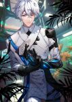  1boy bangs blurry blurry_background crossed_bangs foliage gloves grey_hair heterochromia highres jacket looking_at_viewer outdoors own_hands_together sheiyue short_hair smile solo standing tian_lang_(tower_of_fantasy) tower_of_fantasy white_jacket 