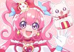  1girl :d bangs bow choker commentary cone_hair_bun cure_precious delicious_party_precure double_bun earrings gloves hair_bun hairband heart jewelry kome-kome_(precure) long_hair looking_at_viewer magical_girl nagomi_yui open_mouth orange_(orangelv20) pink_background pink_hair precure purple_eyes red_bow red_choker red_hairband smile solo two_side_up waving white_gloves 
