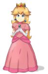  1girl bangs blonde_hair blue_eyes brooch chocomiru crown dress earrings full_body gloves jewelry long_dress long_hair mario_(series) non-web_source pink_dress princess_peach simple_background solo white_background white_gloves 