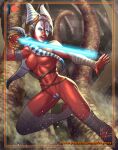  1girl alien artboymoy blue_lightsaber holding_lightsaber jedi nipples open_mouth shaak_ti solo star_wars teeth thighhighs togruta topless upper_teeth_only 
