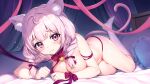  1girl absurdres animal_ears bed bow braid breasts cat_ears cat_tail cleavage closed_mouth curtains dot_nose hair_bow heart heart_pillow highres indie_virtual_youtuber izumiya_konomi large_breasts looking_at_viewer lying naked_ribbon navel on_side pillow pink_eyes pink_hair red_bow red_ribbon ribbon shiny_skin short_hair smile solo split_mouth sugiki tail thighs twin_braids virtual_youtuber wrist_bow 