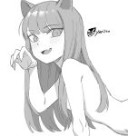  1girl animal_ears blush claw_pose commentary_request fang fingernails hand_up holo korean_commentary long_hair looking_at_viewer monochrome nude open_mouth sharp_fingernails signature simple_background sketch smile solo spice_and_wolf upper_body wolf_ears wolf_girl yaritoo 