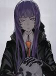  1girl bangs black_gloves black_jacket collared_shirt commentary copyright_request dethmaid gloves grey_background highres holding holding_skull jacket long_hair long_sleeves looking_at_viewer necktie open_clothes open_jacket orange_necktie parted_lips purple_eyes purple_hair shirt simple_background skull solo white_shirt 