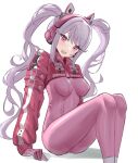  1girl :d alice_(nikke) animal_ear_headphones animal_ears blush bodysuit clothes_writing commentary dot_nose fake_animal_ears full_body gloves goddess_of_victory:_nikke head_tilt headphones highres invisible_chair jacket latex latex_bodysuit light_purple_hair long_hair looking_at_viewer open_mouth oshir1 pink_bodysuit pink_eyes pink_gloves pink_headphones red_jacket shiny_clothes shrug_(clothing) simple_background sitting skin_tight smile solo twintails white_background 