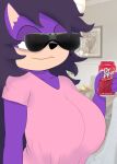  anonymous_artist anthro bedroom_eyes beverage_can big_breasts breasts clothing countershading eulipotyphlan eyewear female fluffy fluffy_hair hair hedgehog holding_object mammal mature_female narrowed_eyes pink_clothing pink_shirt pink_topwear purple_body purple_hair queen_aleena_hedgehog seductive sega shirt smug solo sonic_the_hedgehog_(series) sonic_underground stock_image sunglasses tamers12345 tan_body tan_countershading topwear 