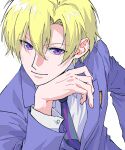  1boy ako_(eanaaati1) blonde_hair closed_mouth highres jacket long_sleeves looking_at_viewer male_focus necktie ouran_high_school_host_club ouran_high_school_uniform purple_eyes school_uniform shirt short_hair simple_background smile solo suou_tamaki white_background white_shirt 